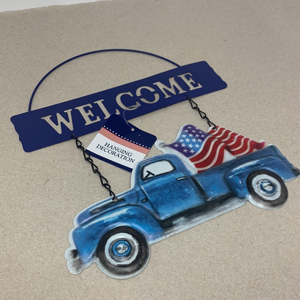 PATRIOTIC METAL BLUE PICKUP TRUCK W/ USA FLAG WELCOME SIGN WALL DOOR USA decor - Picture 5 of 10